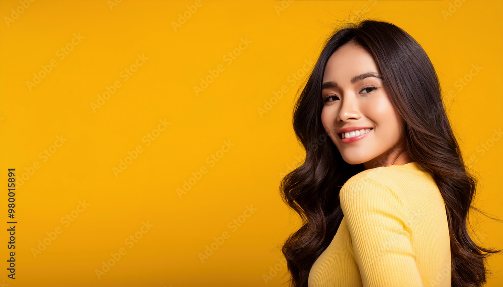 A beautiful young woman smiling on the yellow background with copy space
