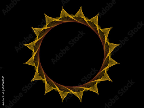 Glowing luxury gold lines weaving circle pattern. Shining round shape isolated on black background. Vector illustration