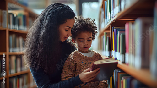 A school librarian helping a child find a book on the shelves.