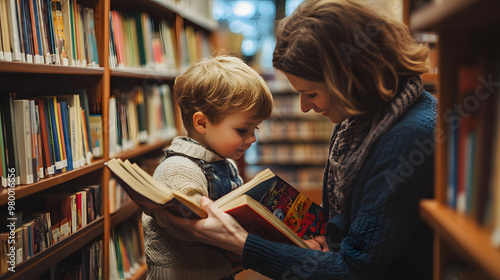 A school librarian helping a child find a book on the shelves.