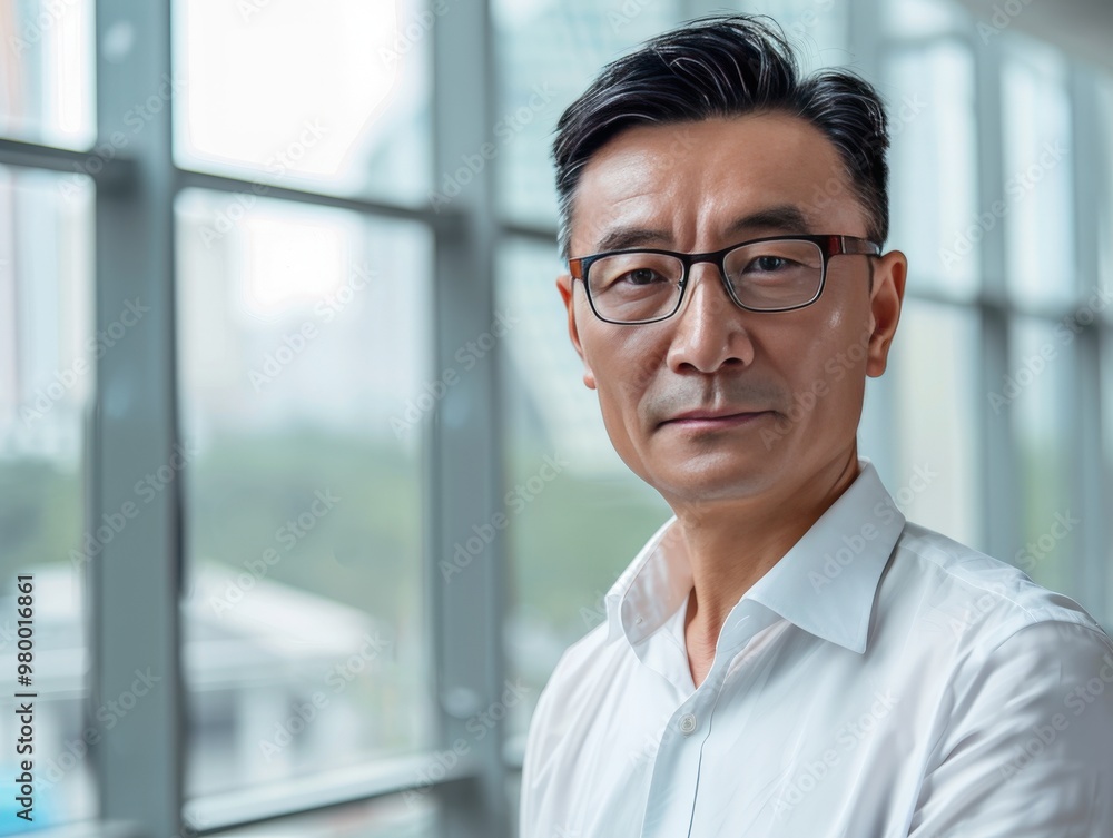 A man wearing glasses and a white shirt is standing in front of a window generative ai A man wearing glasses and a white shirt is standing in front of a window generative ai