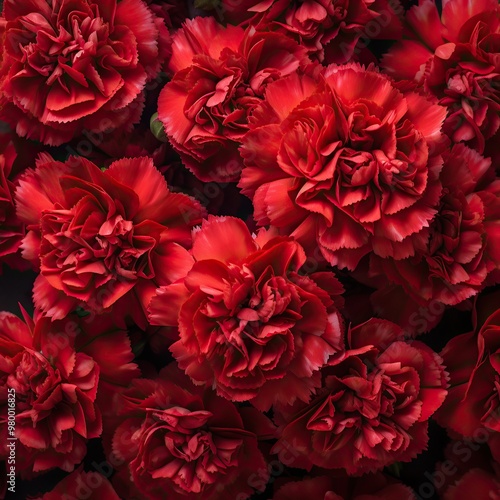 Red carnation flowers background, flat lay, close-up