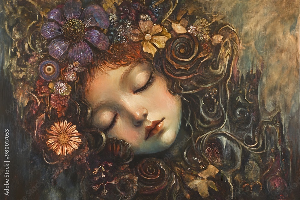 Close up portrait of a sleeping girl with flowers in her hair, fantasy art illustration Close up portrait of a sleeping girl with flowers in her hair, fantasy art illustration