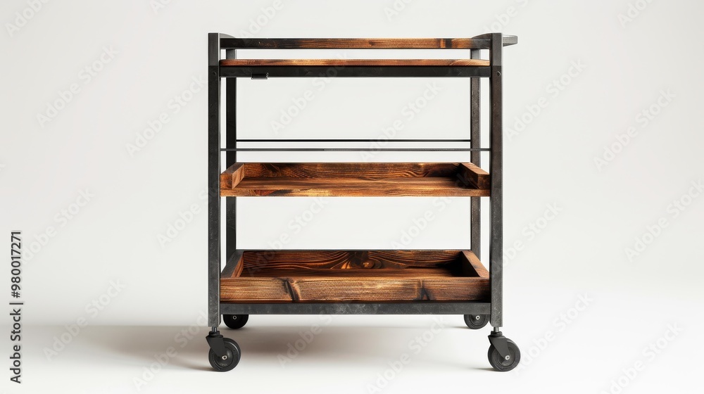 industrial-style bar cart with a black metal frame and wooden shelves industrial-style bar cart with a black metal frame and wooden shelves