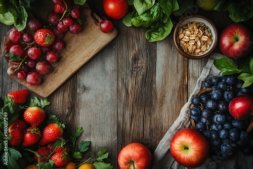 Fresh fruits and vegetables on a wooden background, healthy food concept