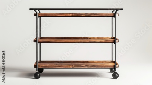 industrial-style bar cart with a black metal frame and wooden shelves