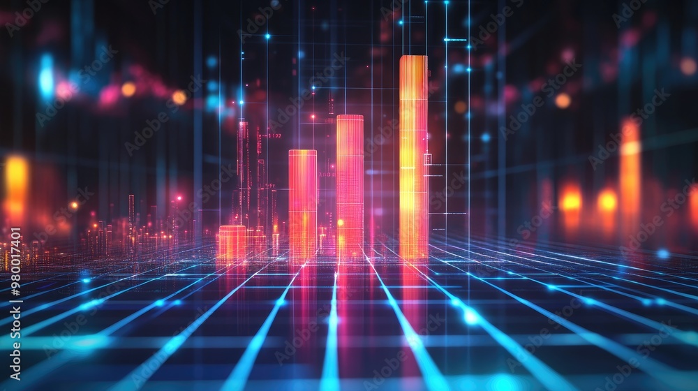 Abstract business background with a glowing bar graph rising upwards on a futuristic grid. Abstract business background with a glowing bar graph rising upwards on a futuristic grid.