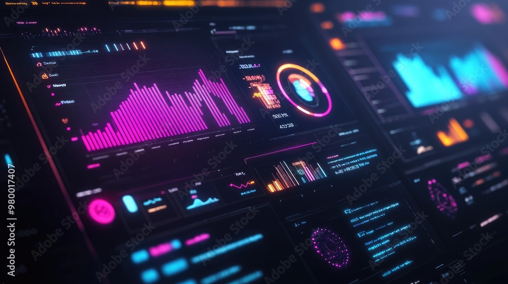 Obraz premium Abstract digital dashboard with glowing data visualizations, business growth concept.