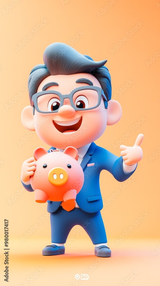 Chinese business man, holding piggy bank, 3D Cartoon, clay style Chinese business man, holding piggy bank, 3D Cartoon, clay style