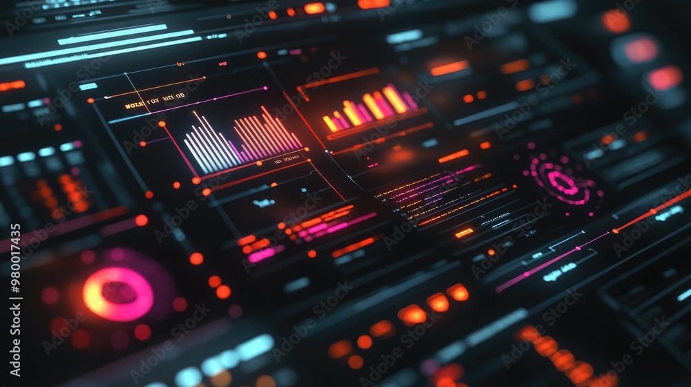 Abstract digital dashboard with glowing data visualizations, business growth concept. Abstract digital dashboard with glowing data visualizations, business growth concept.
