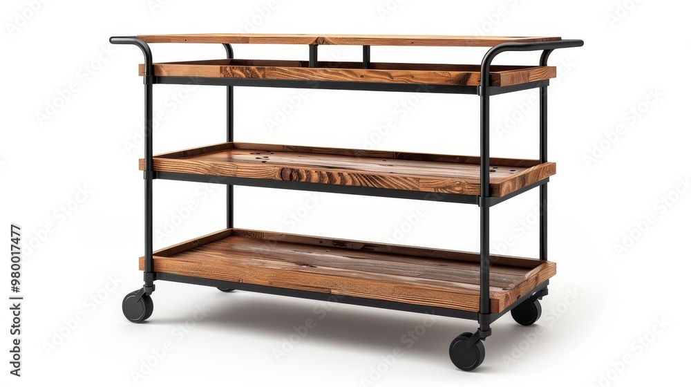 industrial-style bar cart with a black metal frame and wooden shelves industrial-style bar cart with a black metal frame and wooden shelves
