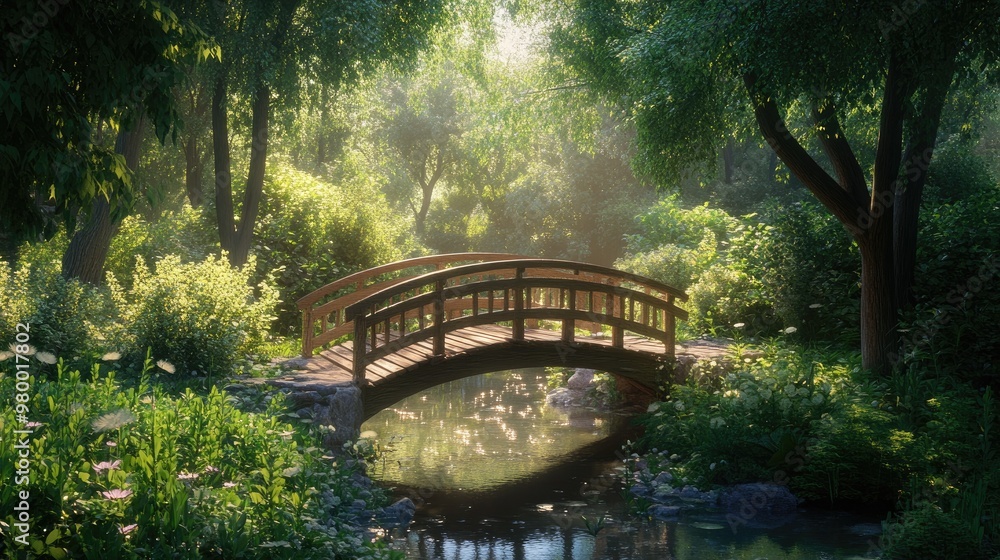 Fototapeta premium Beautiful park scene with a small wooden bridge crossing a stream, surrounded by greenery