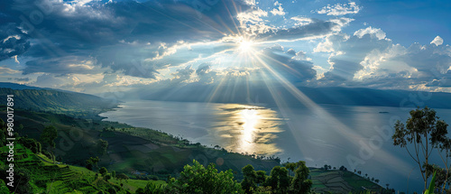 Aerial: lake Toba and Samosir Island view from above Sumatra Indonesia. Huge volcanic caldera covered by water, traditional Batak villages, green rice paddies, equatorial forest. 