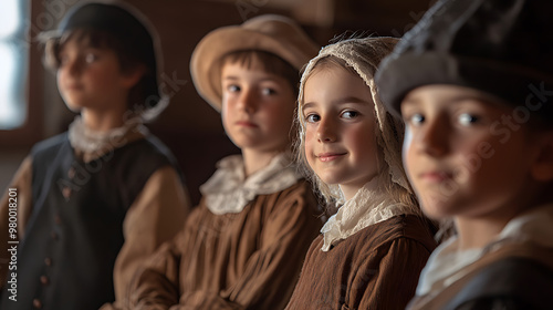 Children dressed in historical costumes re-enacting a scene from history class.