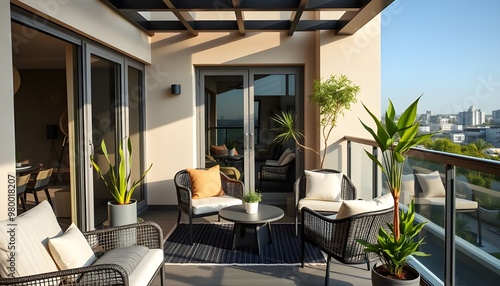 A stylish balcony with modern outdoor furniture, a small table, and a few potted plants.