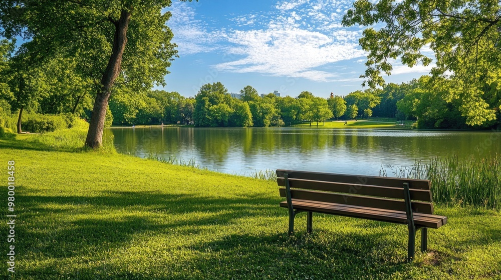 Empty park bench by a peaceful lake, surrounded by green grass and trees on a sunny day. Empty park bench by a peaceful lake, surrounded by green grass and trees on a sunny day.