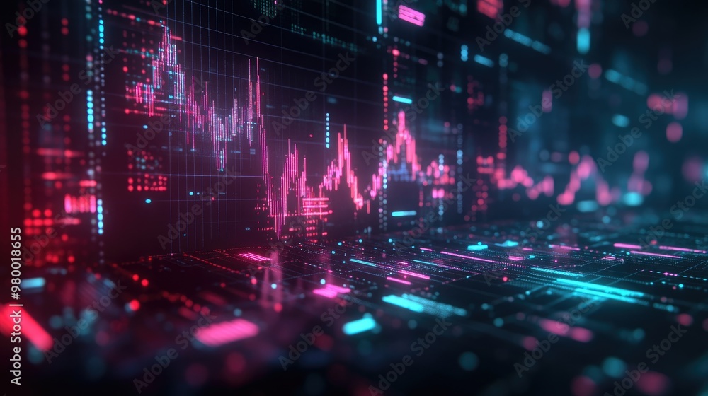 Futuristic financial data charts and graphs on a digital screen, glowing in a dark background. Futuristic financial data charts and graphs on a digital screen, glowing in a dark background.