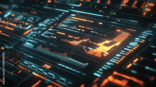 Futuristic financial data charts and graphs on a digital screen, glowing in a dark background.