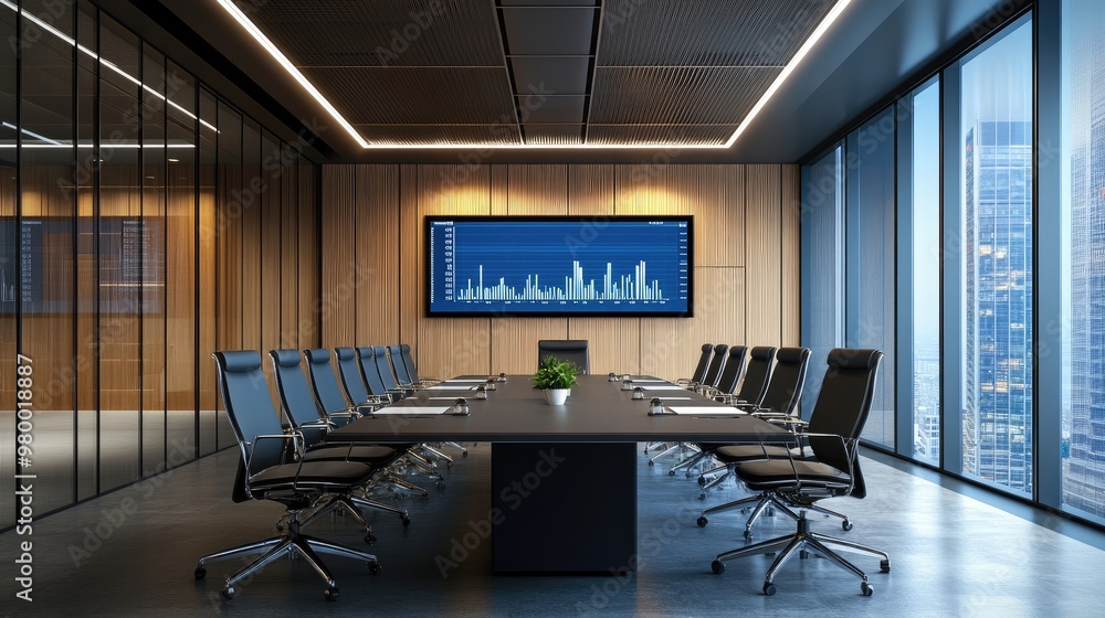 Modern conference room with sleek furniture, digital screen displaying financial data charts. Modern conference room with sleek furniture, digital screen displaying financial data charts.