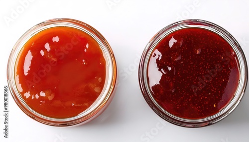 raspberry red berry fruit jam preserves spread or jelly in a glass container. Homemade preservation. Delicious raspberry jam or jelly isolated on white background with copy space