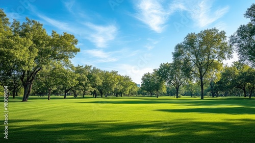 Open grassy field in a park with scattered trees and a bright blue sky, perfect for relaxation.