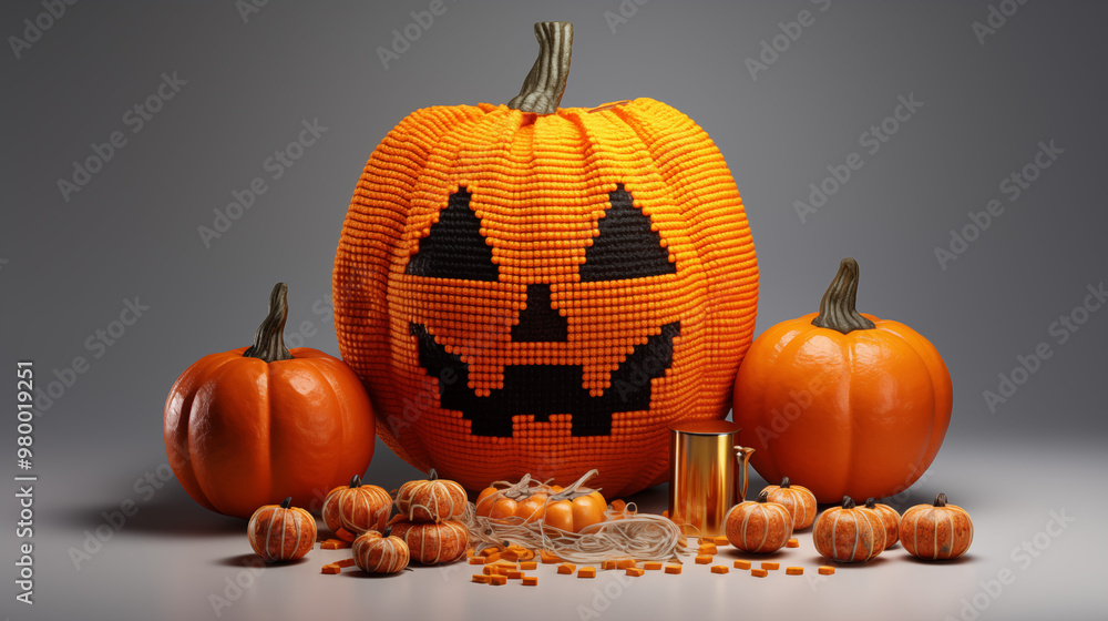 Festive composition with a big Jack-o-lantern surrounded by pumpkins and small decorative pumpkins for Halloween. Festive composition with a big Jack-o-lantern surrounded by pumpkins and small decorative pumpkins for Halloween.
