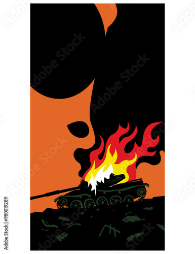 Burning tank. Destroyed tank on the battlefield. Cartoon image for prints, poster and illustrations.