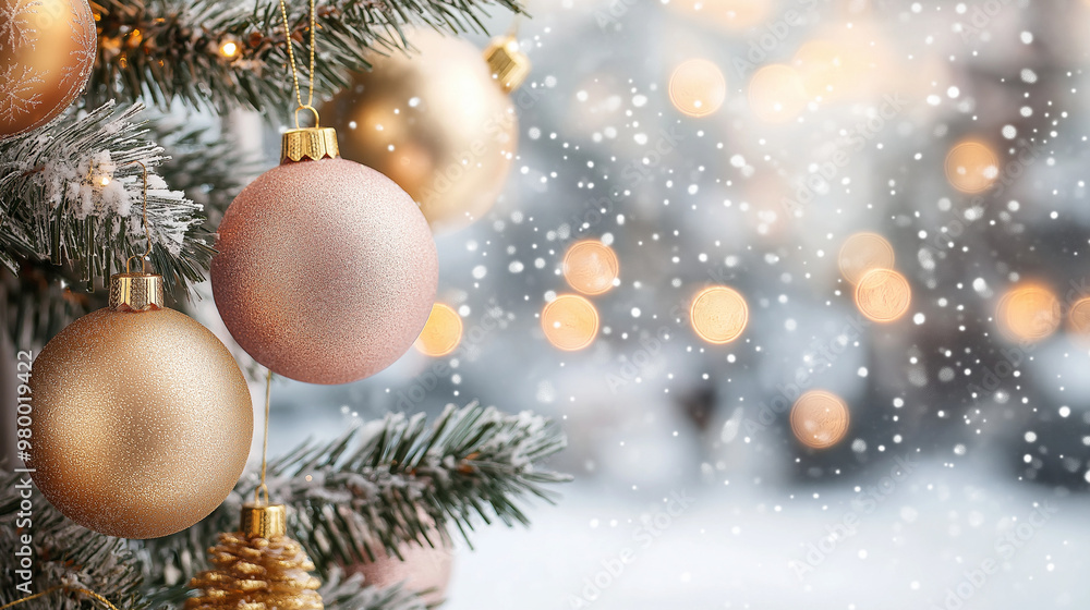 Christmas decorations view on the winter window background, Christmas decorations view on the winter window background,