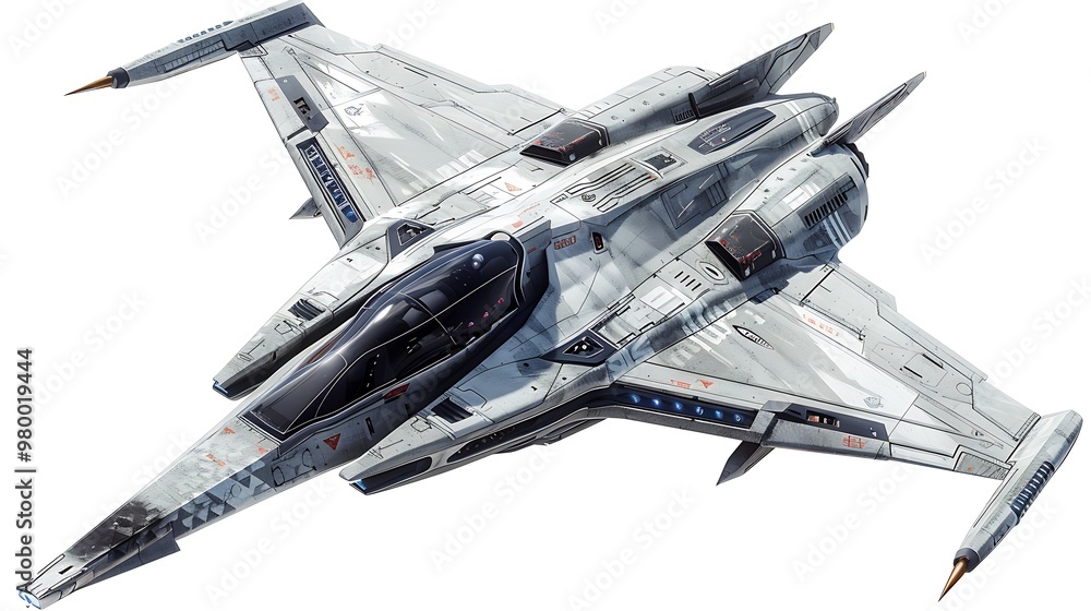 A futuristic fighter jet with variable thrust engines, isolated on a white background. A futuristic fighter jet with variable thrust engines, isolated on a white background.