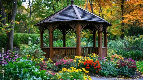 Quiet park scene with a wooden gazebo surrounded by colorful flowers and greenery