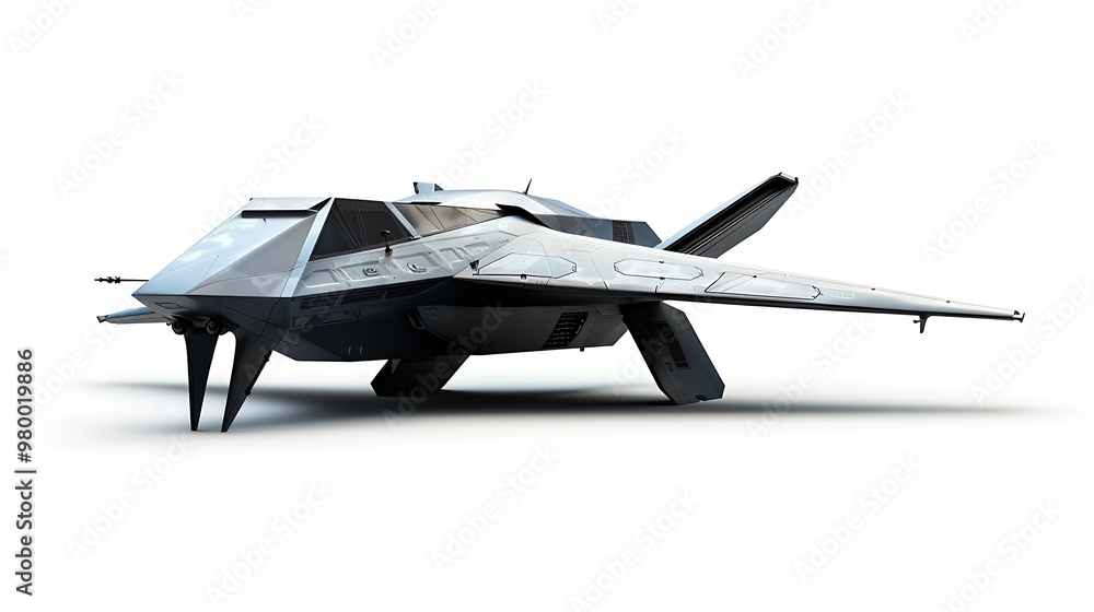 A futuristic military drone with a sleek, angular design, isolated on a white background. A futuristic military drone with a sleek, angular design, isolated on a white background.