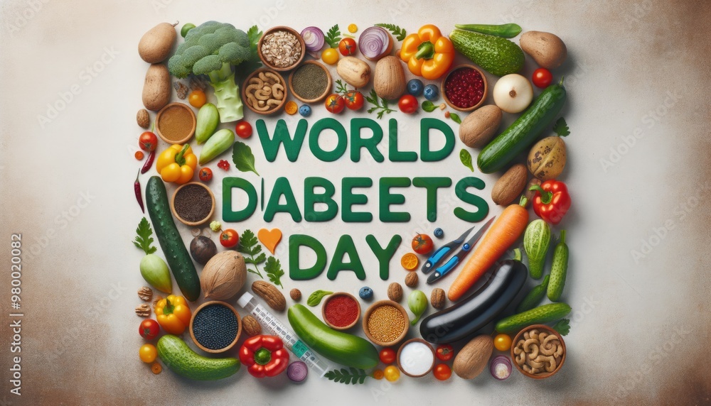 The concept of World Diabetes Day with a variety of healthy foods, fresh vegetables, nuts and grains. The concept of improving educational content about nutrition and health management. AI The concept of World Diabetes Day with a variety of healthy foods, fresh vegetables, nuts and grains. The concept of improving educational content about nutrition and health management. AI