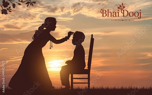 Generative-AI Bhai Dooj silhouette of sister performing tilak ritual against a glowing sunset photo