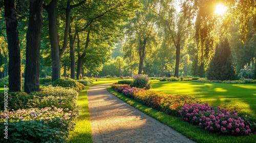 Sunlit park with green lawns, vibrant flowerbeds, and tall trees lining a peaceful path.