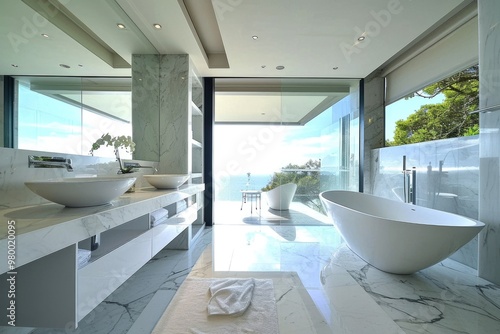 Modern Elegance: Luxurious White Bathroom Interior with Minimalist Design and Shiny Fixtures photo