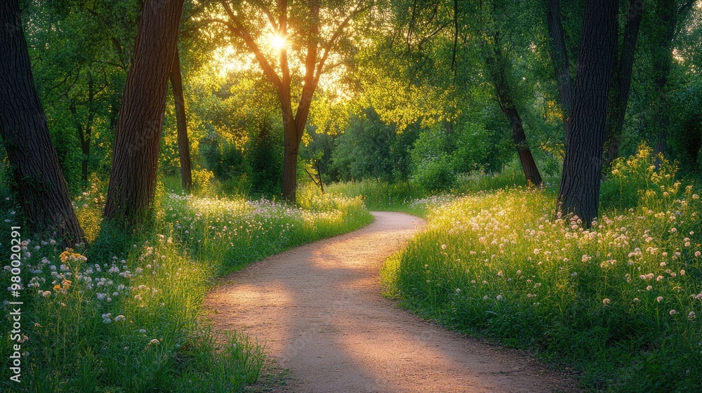 Fototapeta premium Winding park path surrounded by tall green trees, wildflowers, and sunlight filtering through-96ff9bcfe2ba