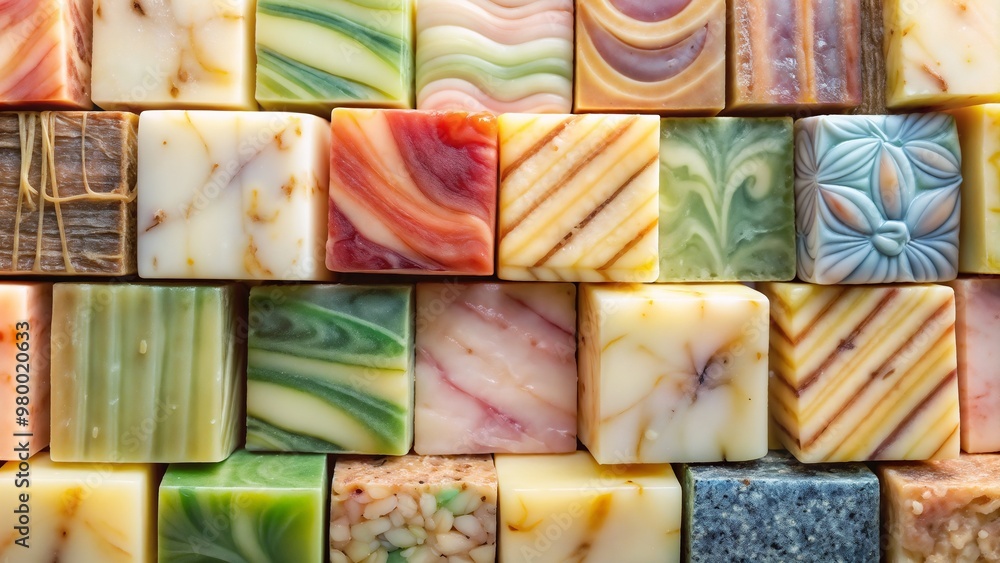 Colorful handcrafted soap bars arrangement, artistic design, natural ingredients, spa background, close-up view Colorful handcrafted soap bars arrangement, artistic design, natural ingredients, spa background, close-up view