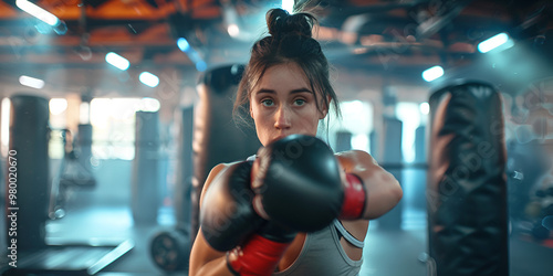 Woman Boxing in Gym with Punching Bags, Intense Training Session for Strength and Focus