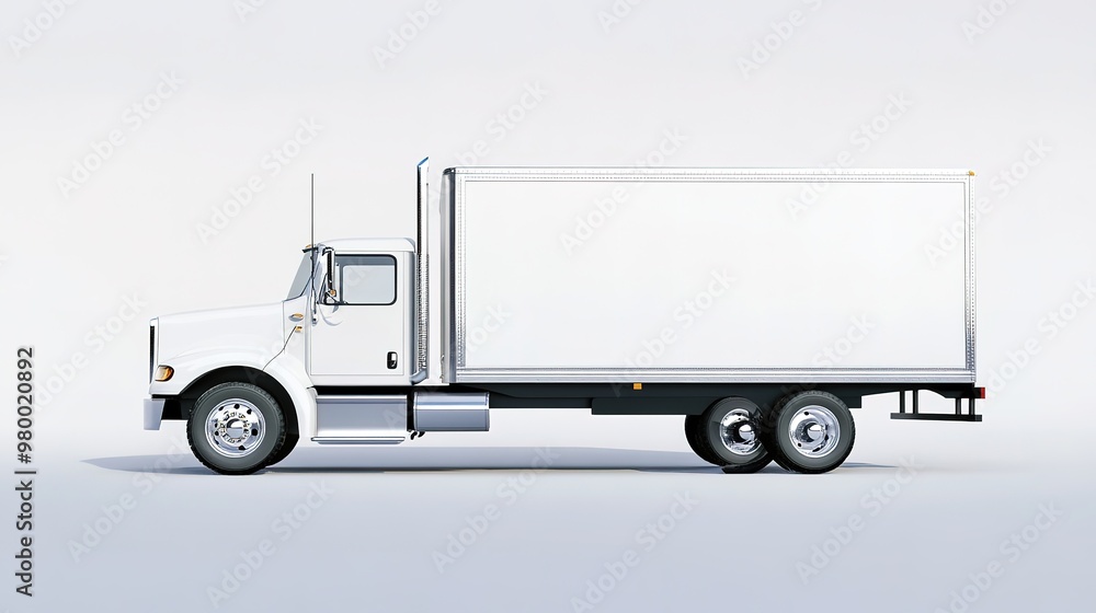 Immaculate white delivery truck with gleaming surface and chrome details, set against a minimalist white background with precise shadow definition Immaculate white delivery truck with gleaming surface and chrome details, set against a minimalist white background with precise shadow definition
