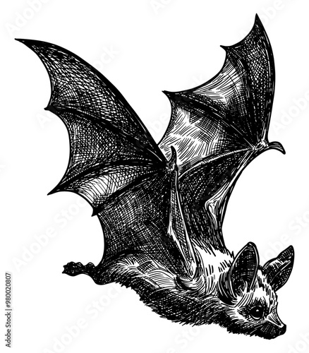 bat flies isolated hand drawn sketch black white line art detailed vector illustration
