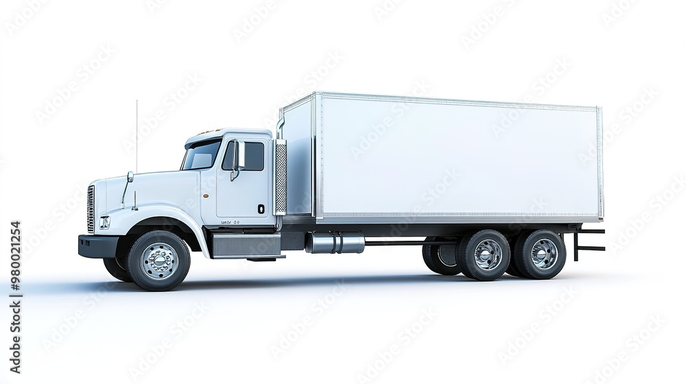 Sleek white delivery truck with gleaming paint and chrome details, isolated on an infinite white background with crisp shadows defining its form Sleek white delivery truck with gleaming paint and chrome details, isolated on an infinite white background with crisp shadows defining its form