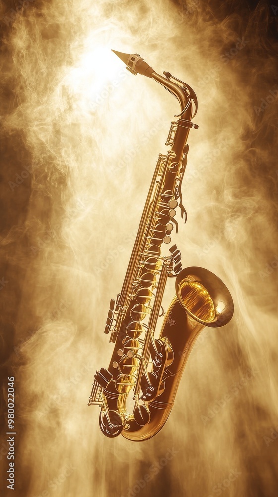 Naklejka premium A saxophone is suspended in the air, surrounded by smoke
