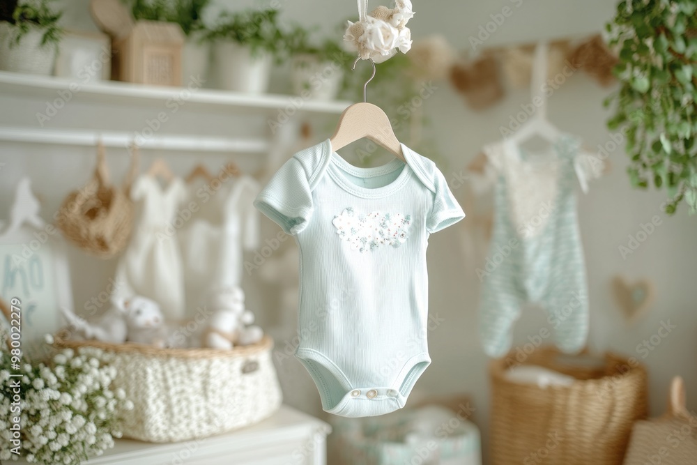 Baby hung on pastel colored hanger, baby girl in light blue and white for newborn hanging on a rack with baby dress Baby hung on pastel colored hanger, baby girl in light blue and white for newborn hanging on a rack with baby dress