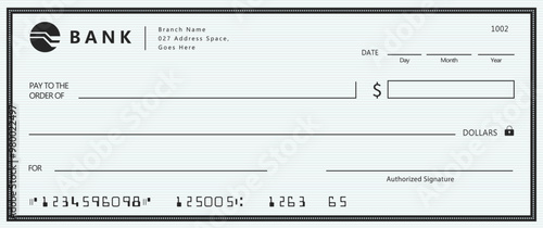 Bank check, vector blank money cheque, checkbook template with guilloche pattern and fields. Currency payment coupon, money check background
