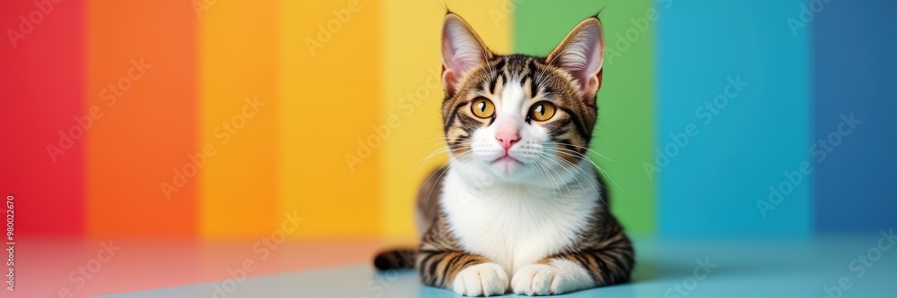 A vibrant, colorful image of a tabby cat against a bright striped background, perfect for pet-related projects, marketing materials, or social media. A vibrant, colorful image of a tabby cat against a bright striped background, perfect for pet-related projects, marketing materials, or social media.