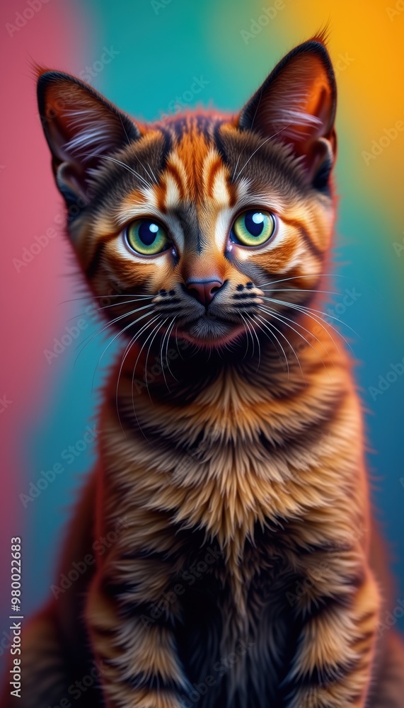 A stunning portrait of a wide-eyed cat with a vibrant and colorful background, perfect for pet-related content, marketing, or artistic projects. A stunning portrait of a wide-eyed cat with a vibrant and colorful background, perfect for pet-related content, marketing, or artistic projects.