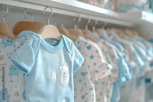 Baby hung on pastel colored hanger, baby girl in light blue and white for newborn hanging on a rack with baby dress  