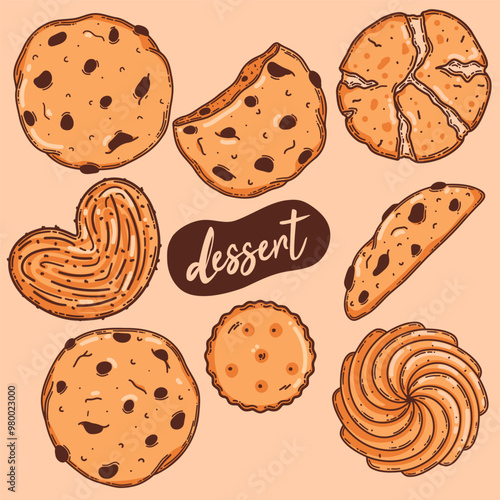 Oat cookies with chocolate chip, puff sugar pastry, shortbread confectionery collection. Hand drawn vector sweet pastry illustration