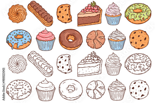 Macaron and cheesecake, cookie, croissant, cupcake and donut with glaze icing dessert vector coloring page for coloring book. Bake sweet dessert
