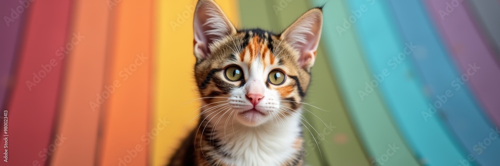 A close-up portrait of a playful cat against a vibrant rainbow background, perfect for pet-related content, marketing, or social media. A close-up portrait of a playful cat against a vibrant rainbow background, perfect for pet-related content, marketing, or social media.